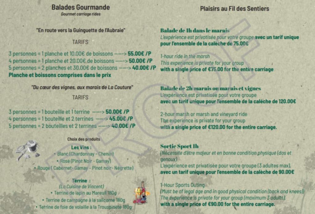 Tarifs prestations calèche